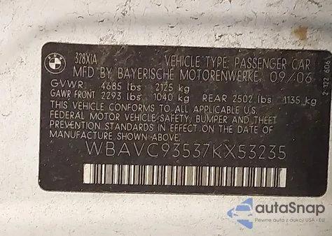 2007 BMW 328Xi from USA, damaged, VIN WBAVC93537KX53235